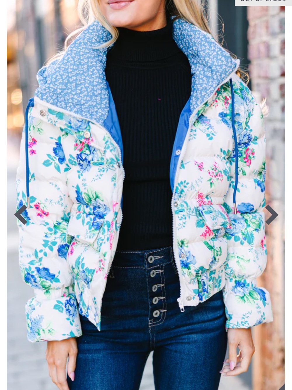 TCEC Women's Large Floral Fantasy Cream Blue Colorful Puffer Jacket